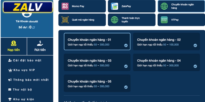 Dùng tài khoản ngân hàng để nạp tiền ZALV